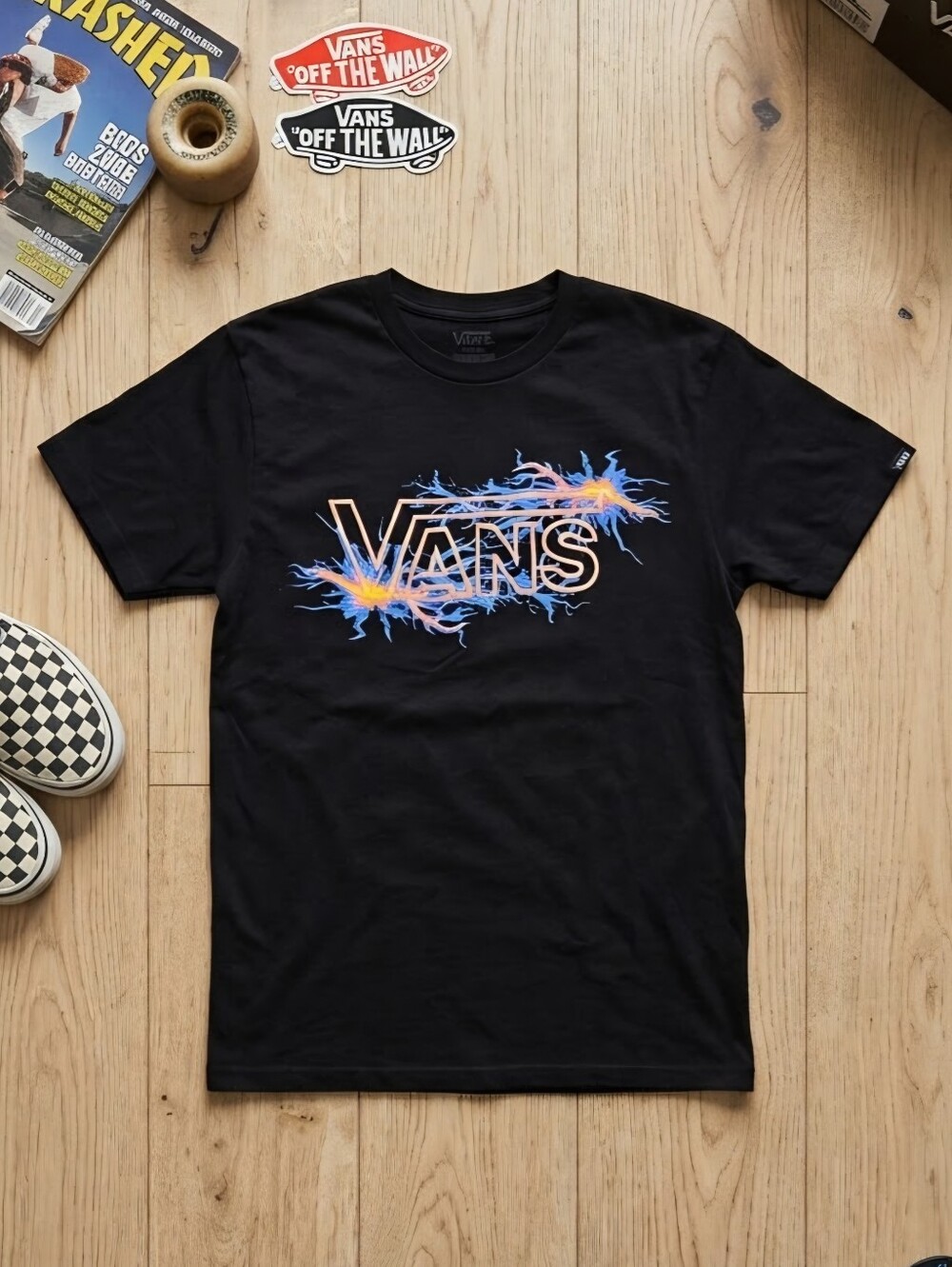 Vans Skater Tee Neon Electric Lightning Classic Black Cotton Mens Size Large Y2K